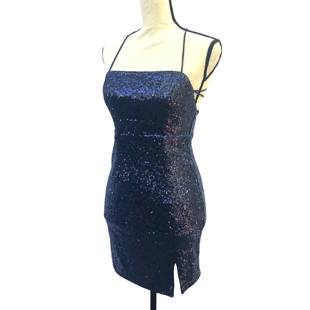 Hello Molly Dress Navy Sequin Mini Strappy Back Square Neck Notch Hem Y2K 90s XS